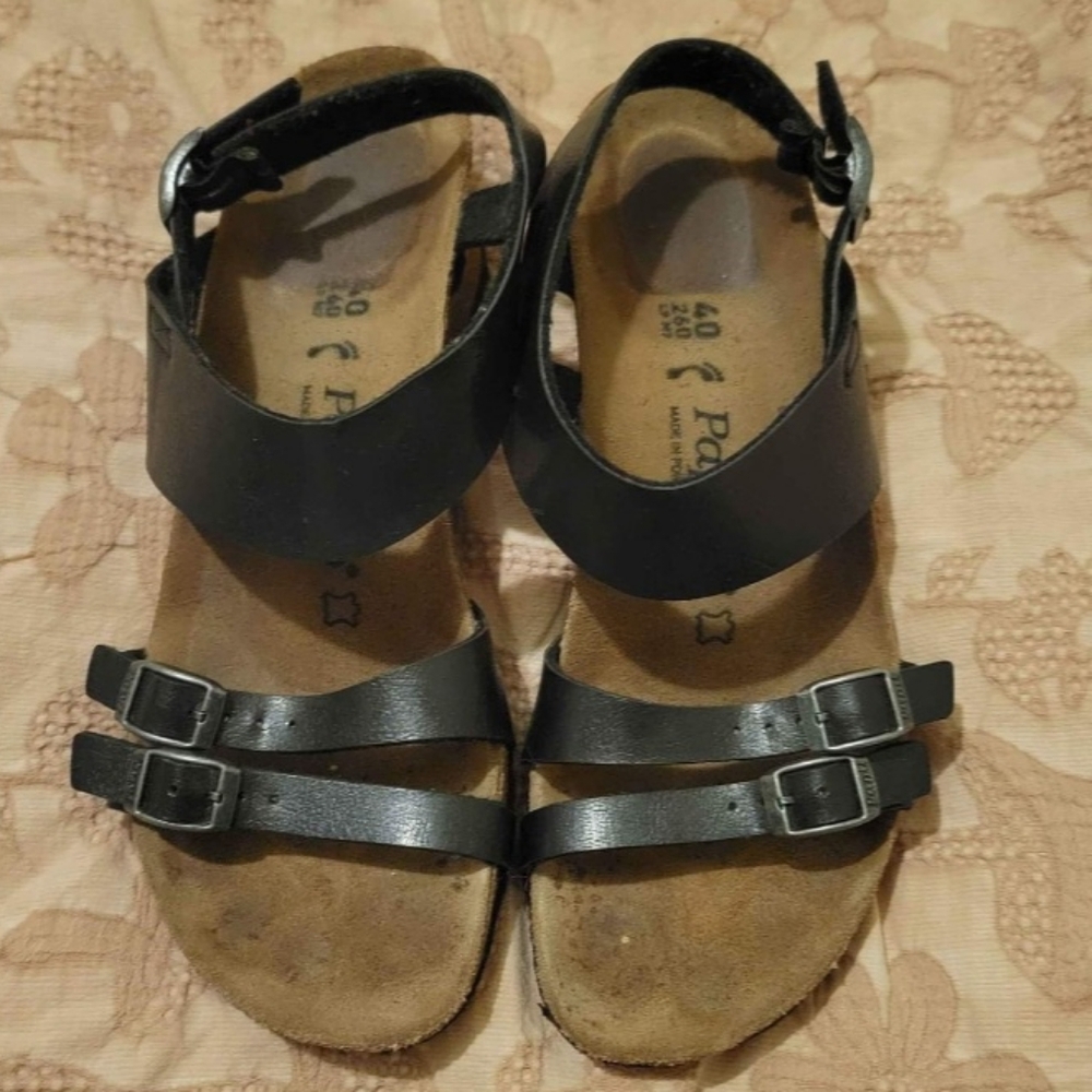 Black Leather Papillio Wedge Sandals with Buckle Straps